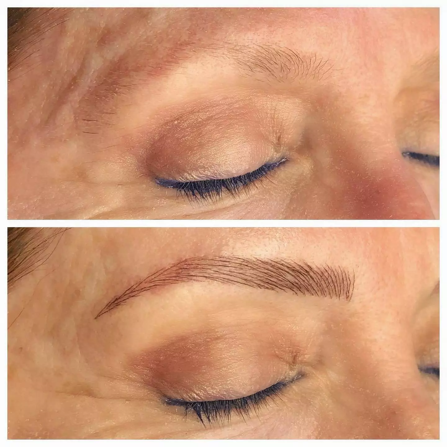 Before and after pictures of Christine Reynolds' eyebrows.