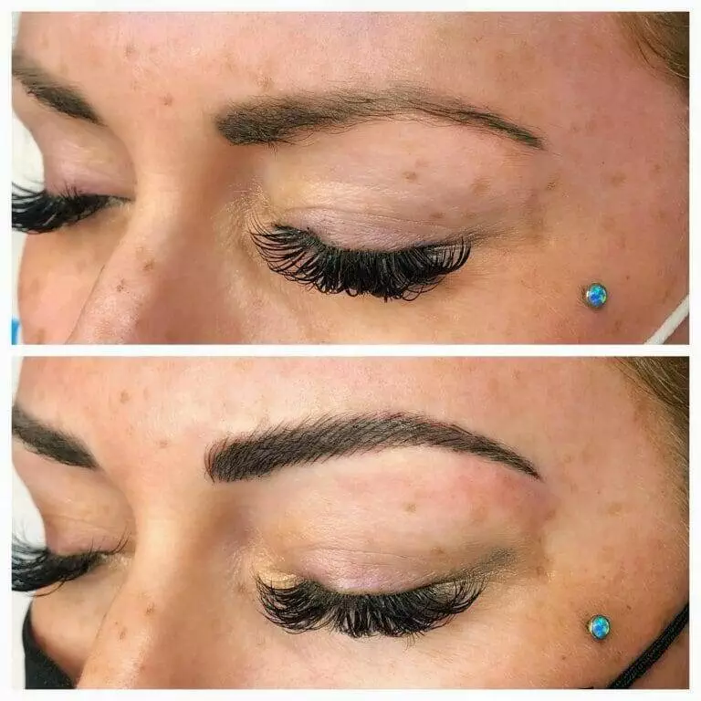 Before and after pictures of Christine Reynolds' eyebrows.