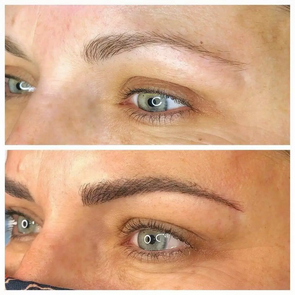 Before and after pictures of Christine Reynolds' eyebrows.