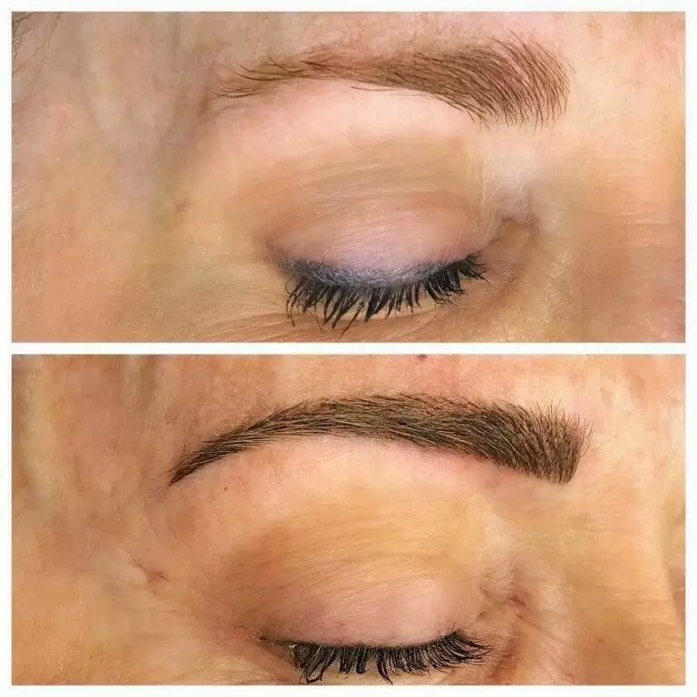 A woman's eyebrows before and after Christine Reynolds' treatment.