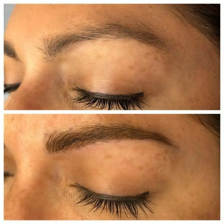 A woman's eyebrows before and after microblading treatment.