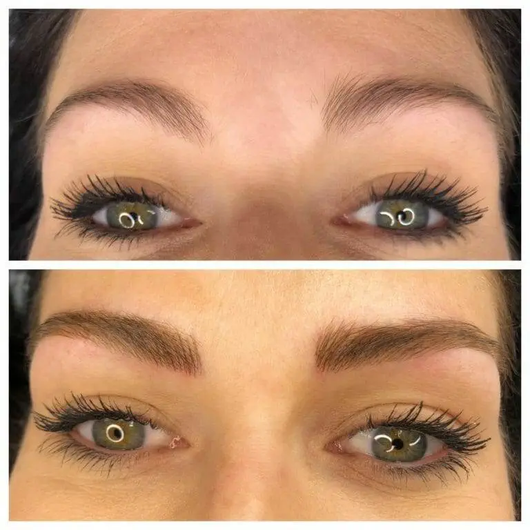 A woman's eyebrows before and after microblading treatment.
