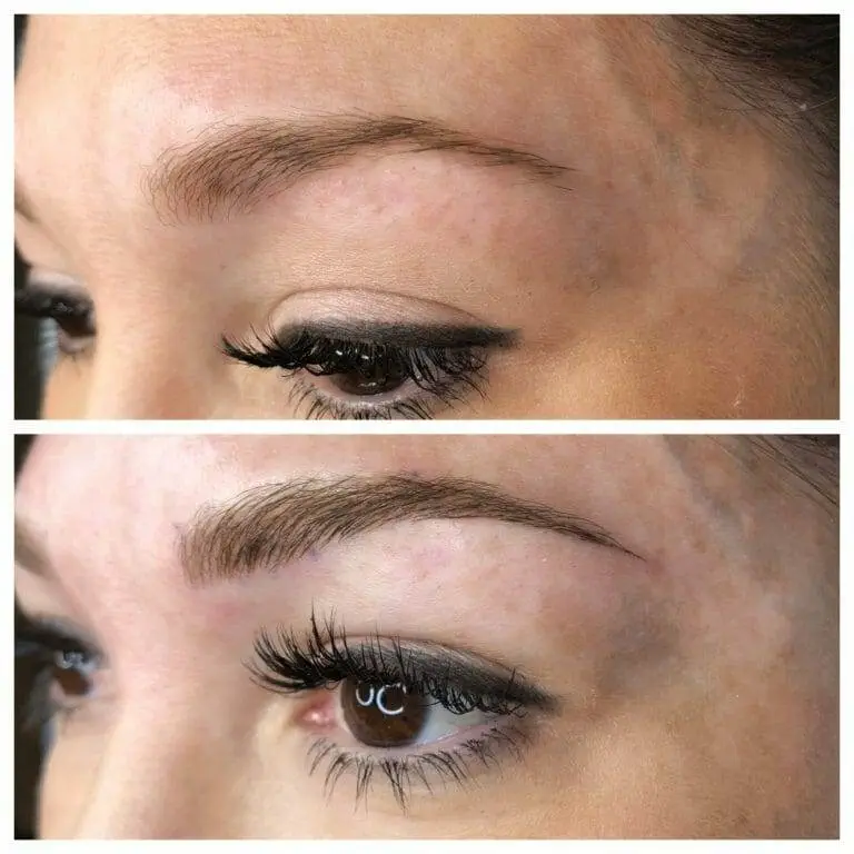Before and after pictures of a woman's eyebrows before undergoing microblading.
