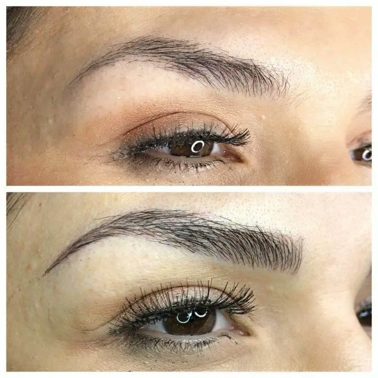 Before and after pictures of a woman's eyebrows enhanced with microblading.