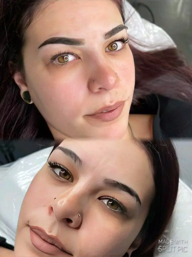 Before and after pictures of a woman's eyebrows showcasing cosmetic tattooing.