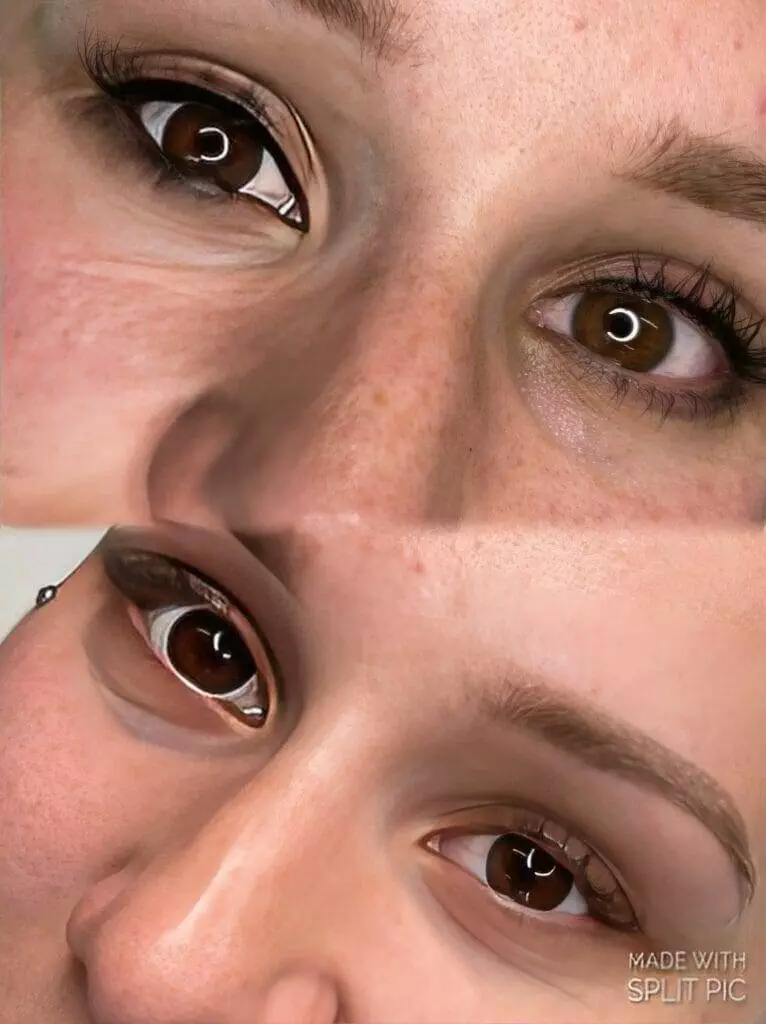 A woman's eyes are shown before and after cosmetic tattooing.