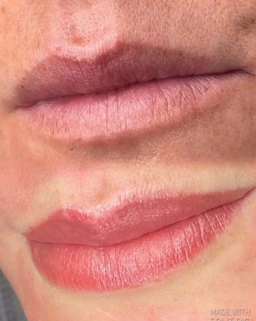 A woman's lips before and after cosmetic lip injections.